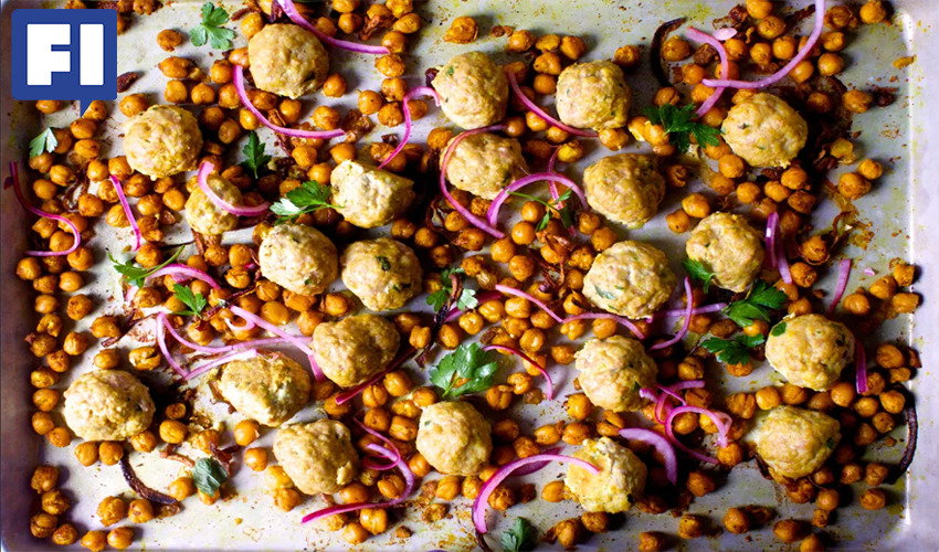 Sheet Pan Meatballs with Crispy Turmeric Chickpeas